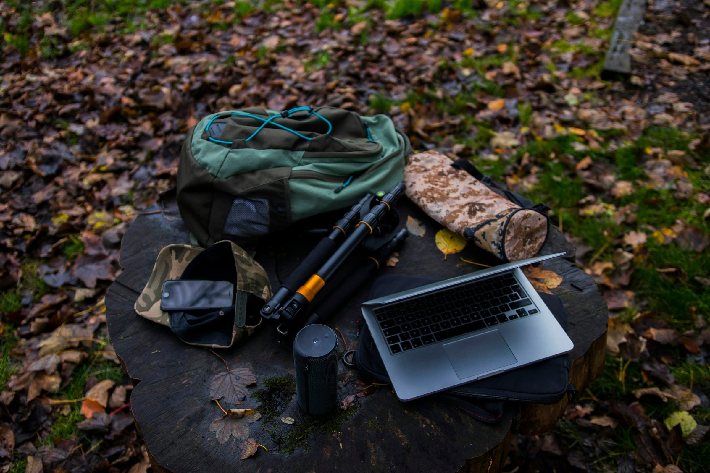 Laptop, backpack and field kit laid out on a tree stump in an autumn forest